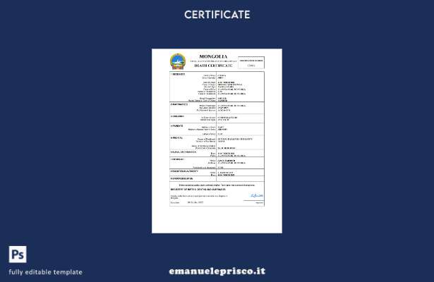 certificato di morte del documento di stato civile della Mongolia in stile verif